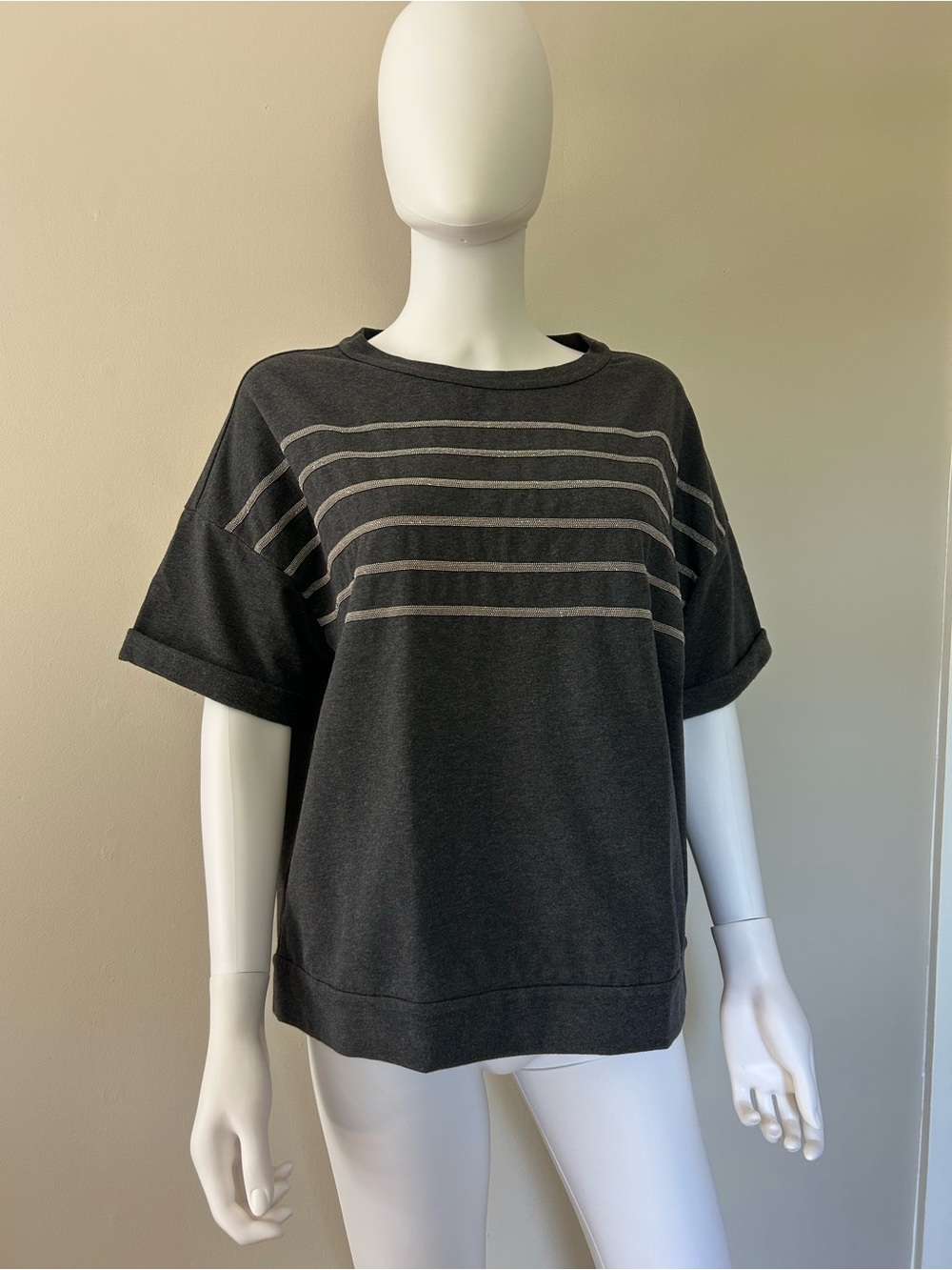 Brunello Cucinelli Gray Beaded Monili Sweatshirt Top Size M Made In Italy